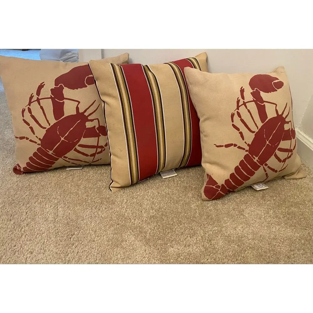 Set of 3 Hampton Bay Coastal Lobster & Stripe Throw Pillows Nautical Beach Decor
